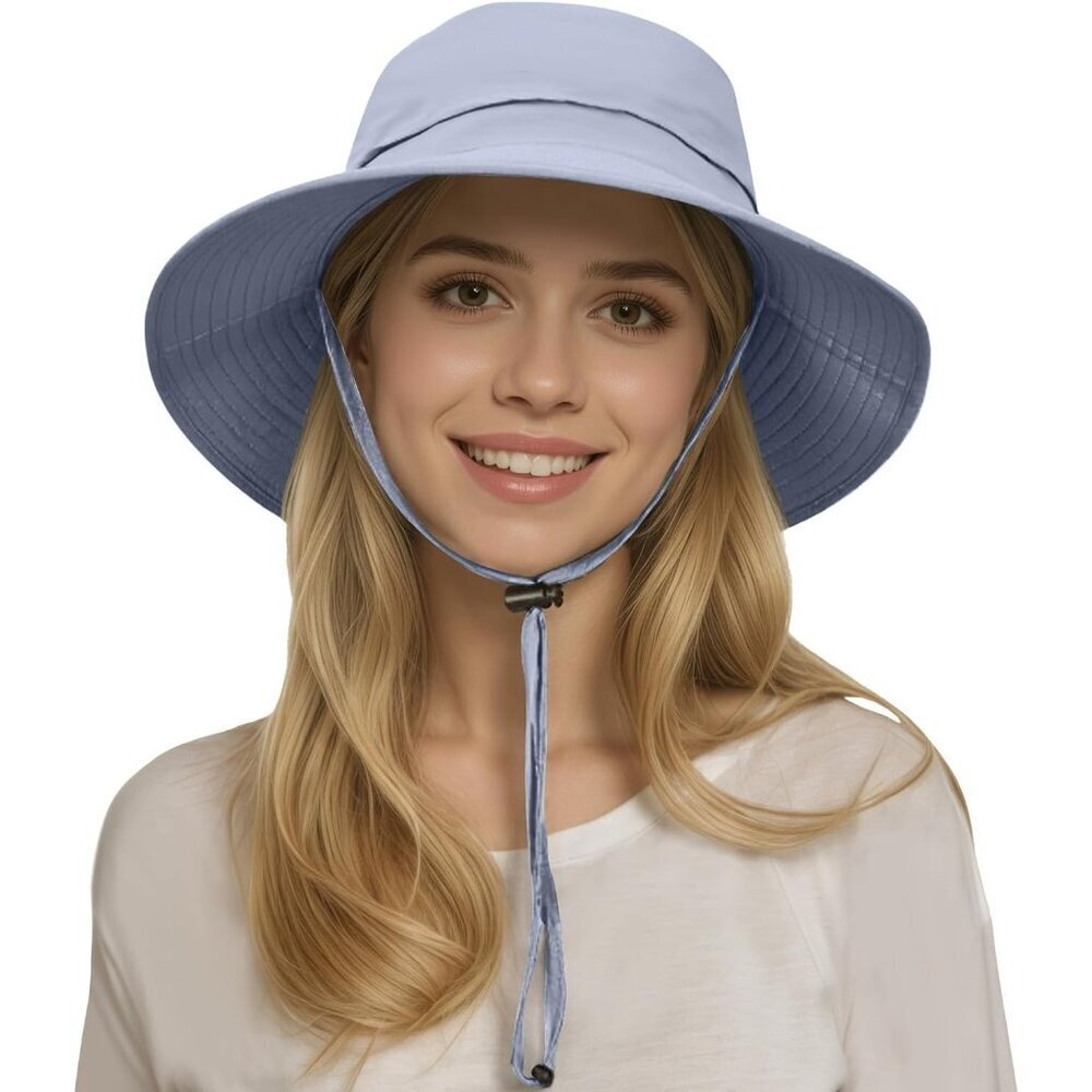 Unisex Sky Blue 100% Nylon Wide Brim Uv Protection With Chin Strap Hunting Hat